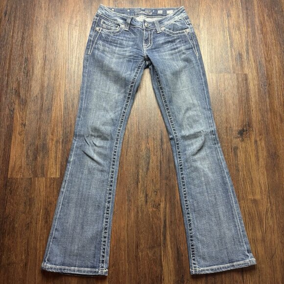 MISS ME BootJeans Rhinestone White Cross Distressed Medium Wash Size 26 - Picture 1 of 12